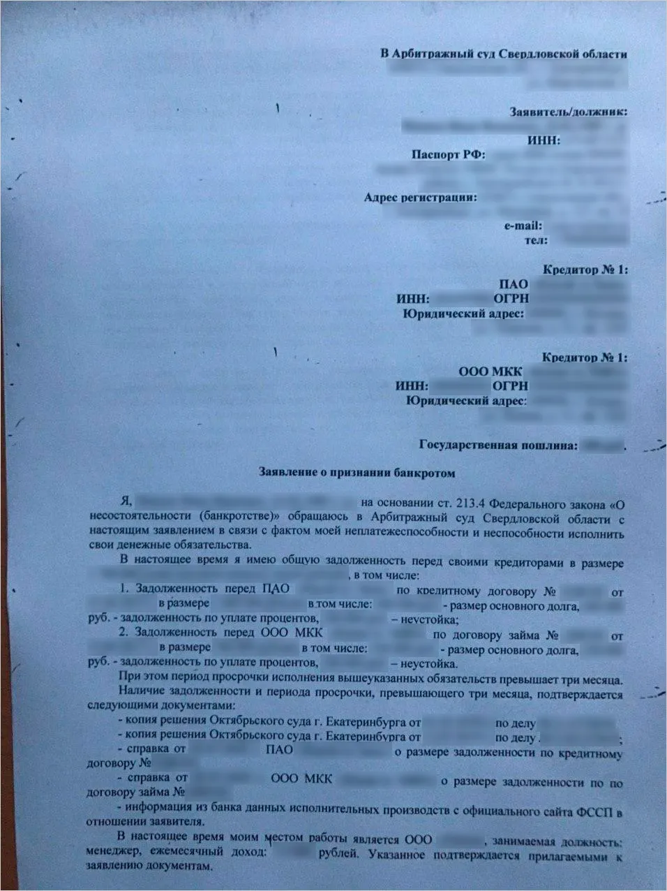 Пример заявления о признании человека банкротом