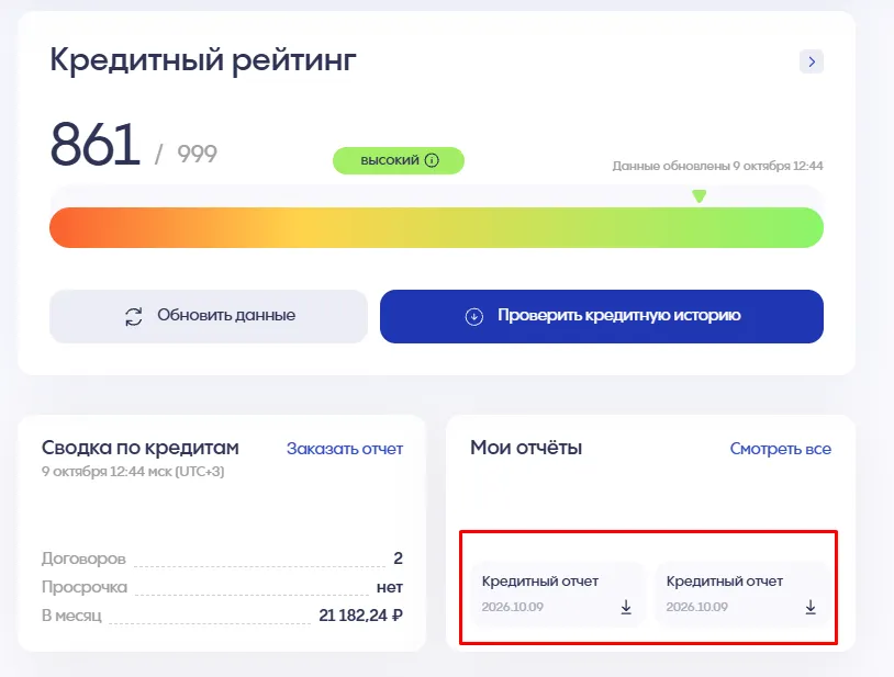 Скачать отчёт можно также в личном кабинете БКИ