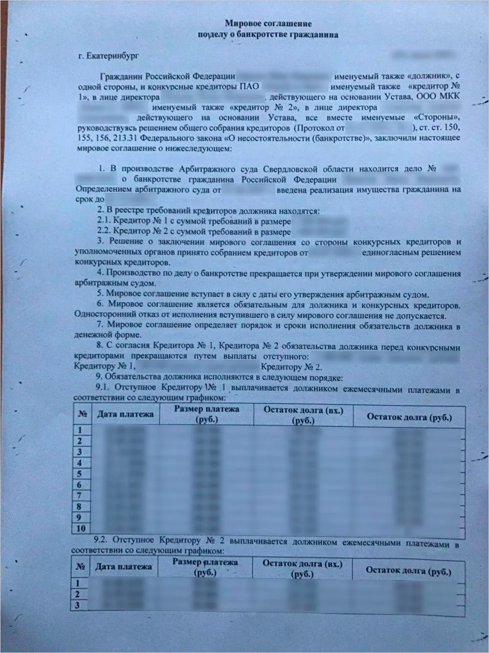 Пример мирового соглашения между заёмщиком и кредиторами в период процедуры банкротства